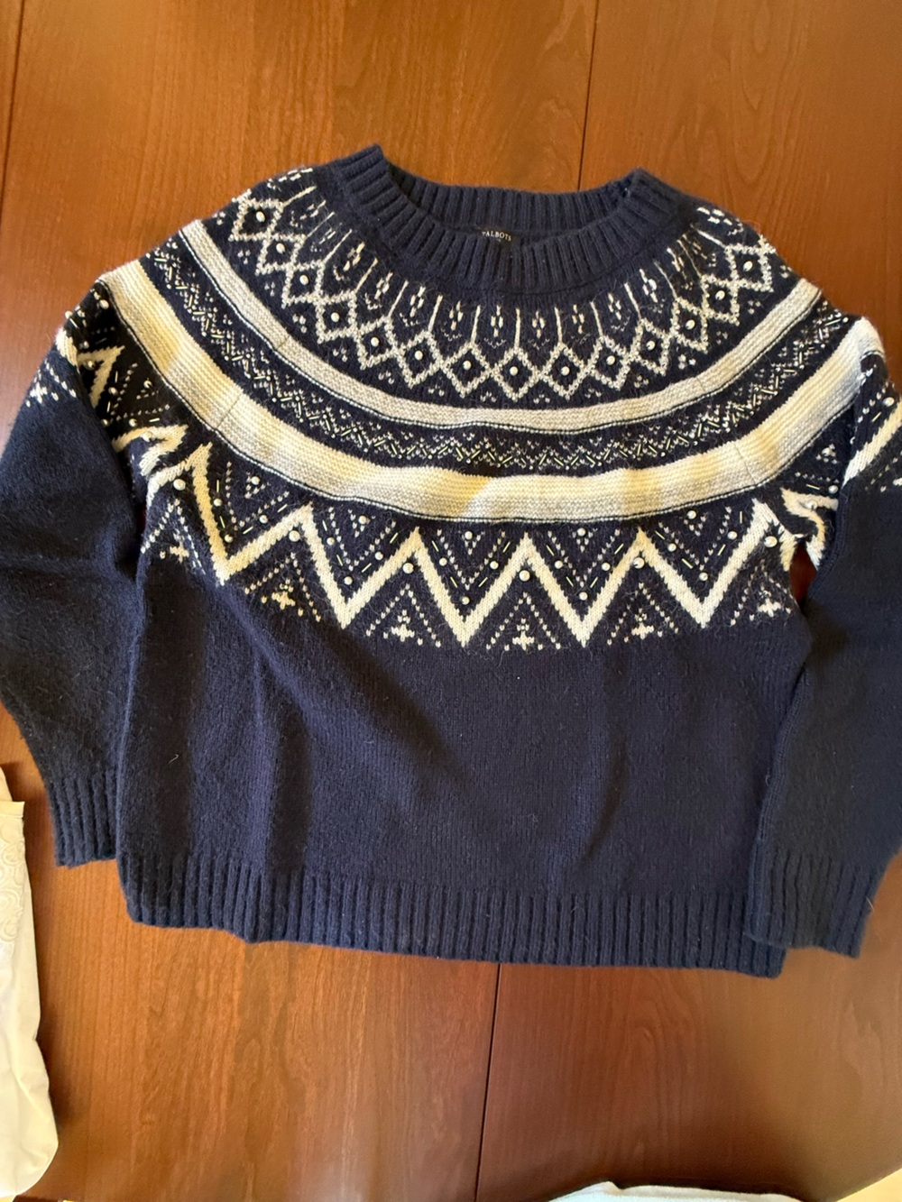 Talbots Navy and White Fair Isle Crewneck Sweater